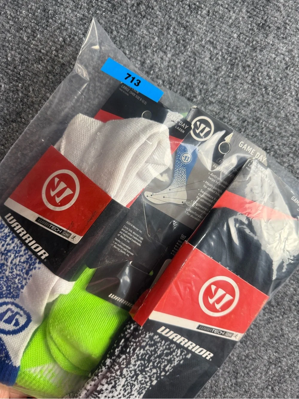 Warrior Game Day Men's Large Crew Socks - White, Black, Neon Green Nwt